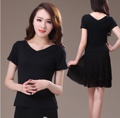 2019春夏新款 拉丁舞练功跳舞服女 V领舞蹈服装 广场舞服装 上衣短袖