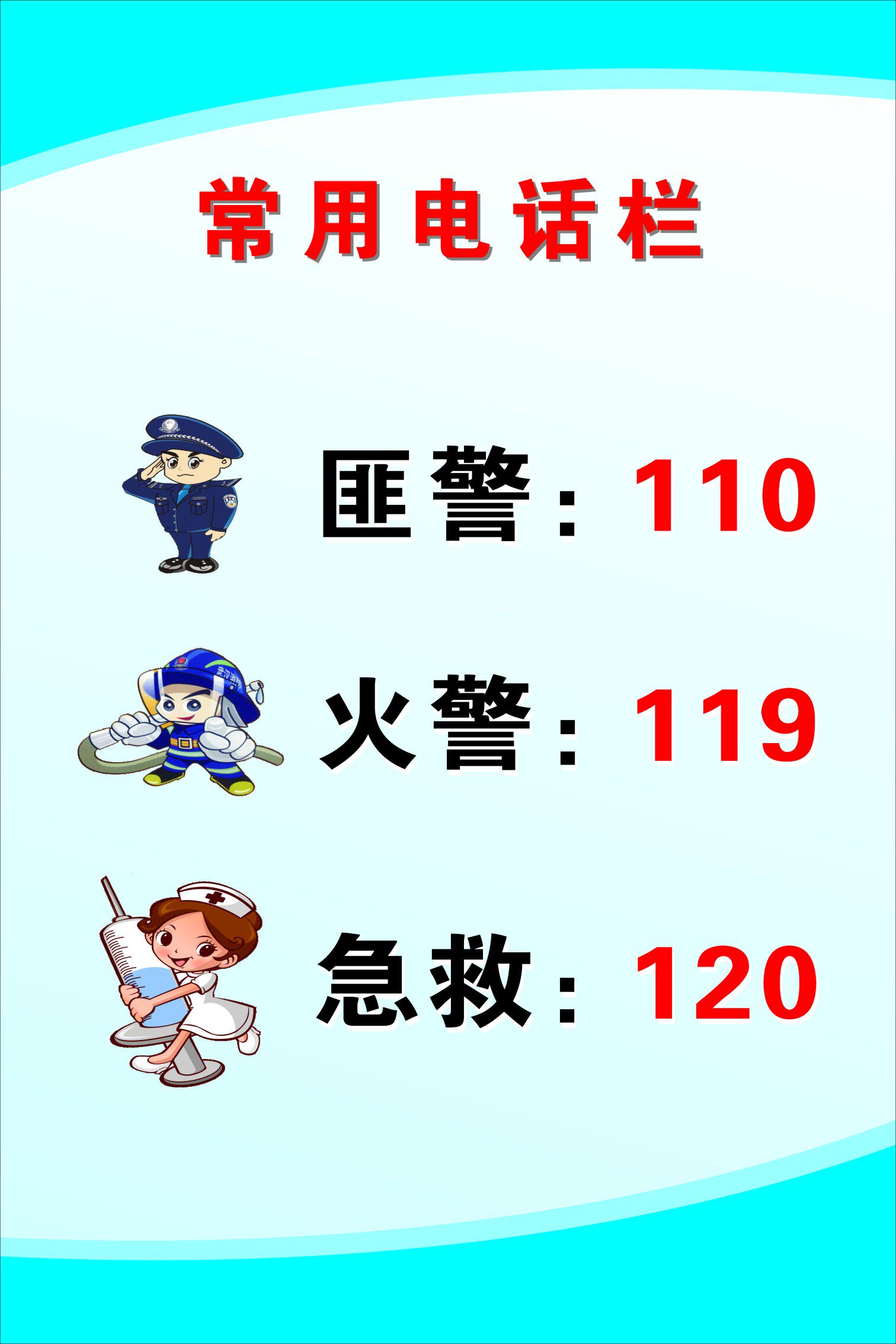 752海报印制展板写真喷绘386日常生活常用紧急电话栏匪警火警急救