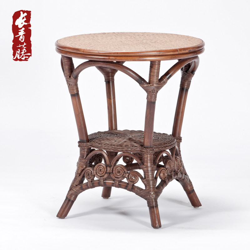 长青藤 田园圆形茶几 阳台茶桌小户型客厅书房藤桌户外简约小桌子