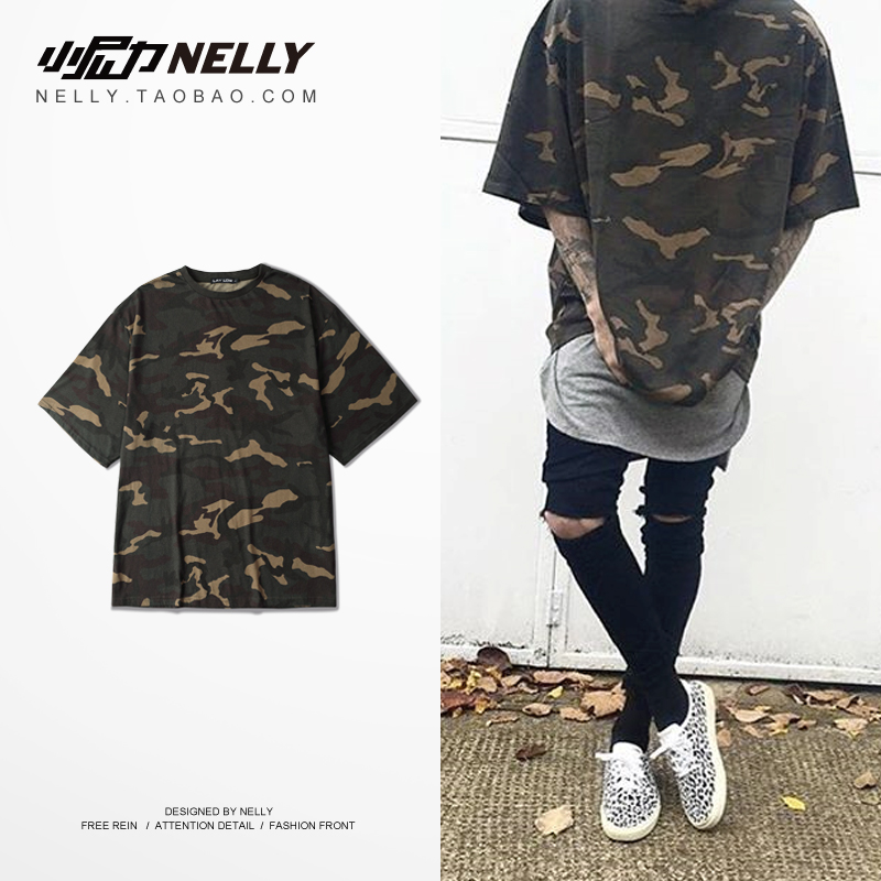 軍事OVERSIZE 嘻哈潮牌七分袖中袖 T恤迷彩特寬版型短tee 男女