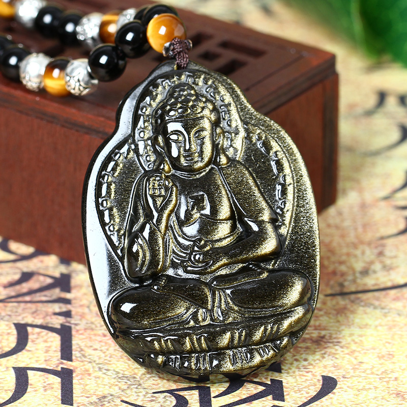天然金曜石阿弥陀佛吊坠属狗猪本命佛守护神吊坠项链男女款