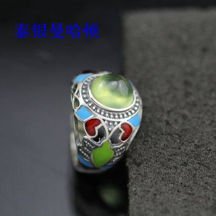 泰银925纯银手工进口正品原创设计天然绿葡萄石珐琅女戒指15