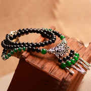 Autumn new sweater chain natural agate black agate with green jade ethnic Tibetan silver wind necklace