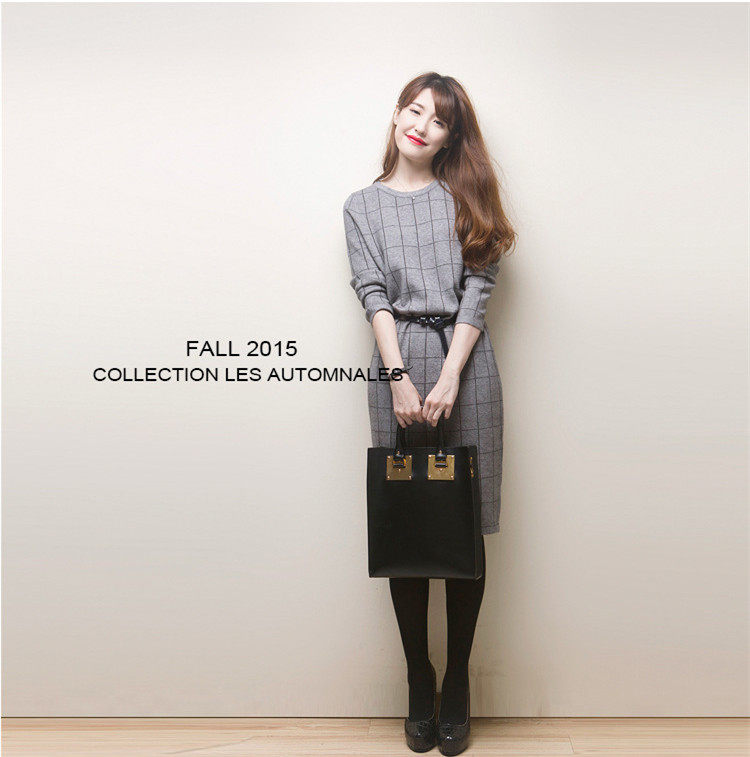 时尚方格子连衣裙秋冬新款圆领长袖腰带宽松显瘦针织裙子2017春装