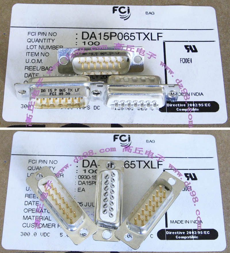 进口原装 FCI DA15P065TXLF 15针镀金插头产地；INDIA