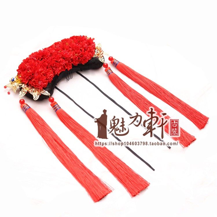 名贵格格旗头红色长流苏花蕊满金色蝴蝶旗头清朝格格影楼年会演出
