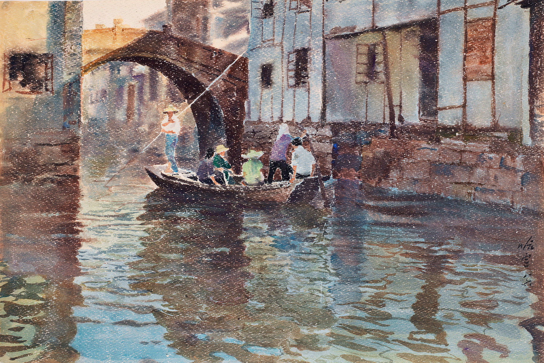 线绣 印布印花十字绣定制定做 绘画水彩画中国画 江南水乡 划船