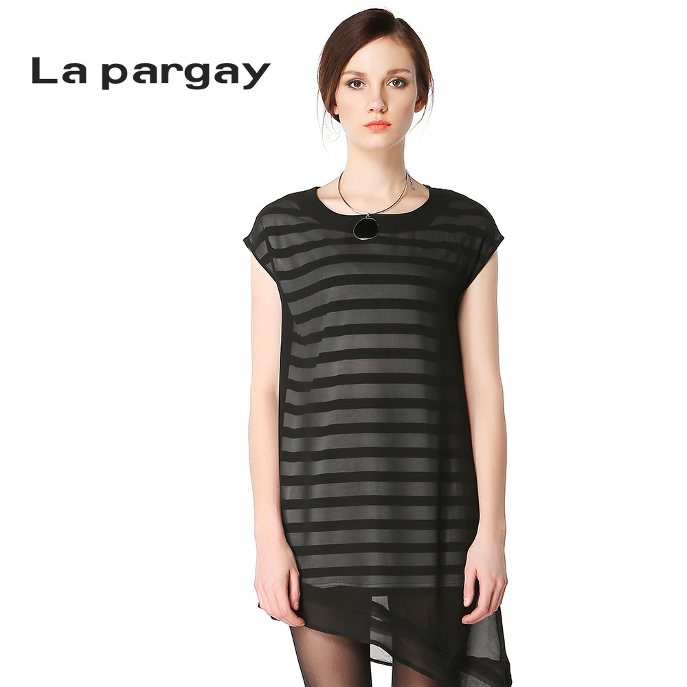 lapargay纳帕佳 时尚个性雪纺无袖条纹上衣DL423124P