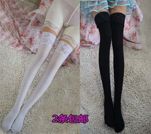 蕾丝花边带硅胶天鹅绒加长过膝长筒丝袜白色天鹅绒连裤袜大腿袜女