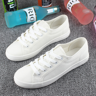 韩版 薄底小白鞋 夏季 系带低帮米白色帆布鞋 女单鞋 白色休闲布鞋 时尚