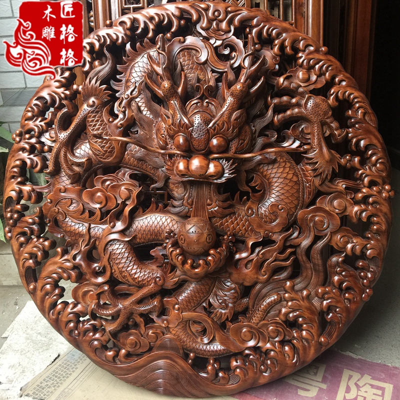 木雕龙头挂件喷金圆盘单龙戏珠镂空立体雕刻深雕壁挂吊顶背景壁挂