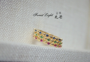 山林光芒星星爱心彩色宝石纯银戒指镀黄金显手白star jewelry戒指