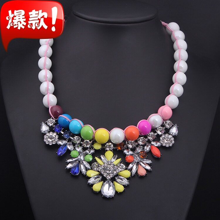 欧美彩色宝石珠子短款夸张项链