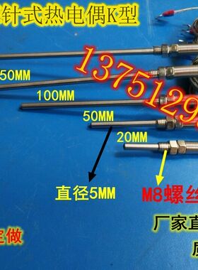 仿进口探头式热电偶 温度传感器 探针式M8螺纹安装K型PT100热电阻