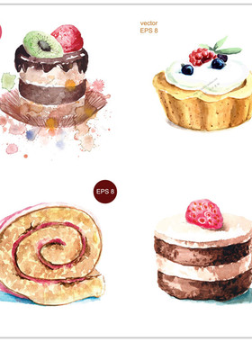 A1436矢量水彩风格蛋糕甜品奶油派蛋糕卷芝士蛋糕图案 AI设计素材