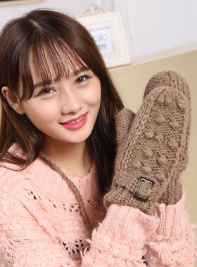 女士韩版秋冬季加绒毛线挂绳手套