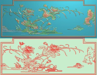 莲花高清精雕图jdp灰度图浮雕图电脑雕刻图精品荷花背板806x319