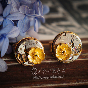 会一点原创复古vintage花朵情侣戒指蒸汽朋克机械表芯手工E033