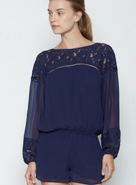 J秋夏精品桑蚕丝乔其深蓝色圆领镂空绣花英伦女真丝长袖连体裙裤