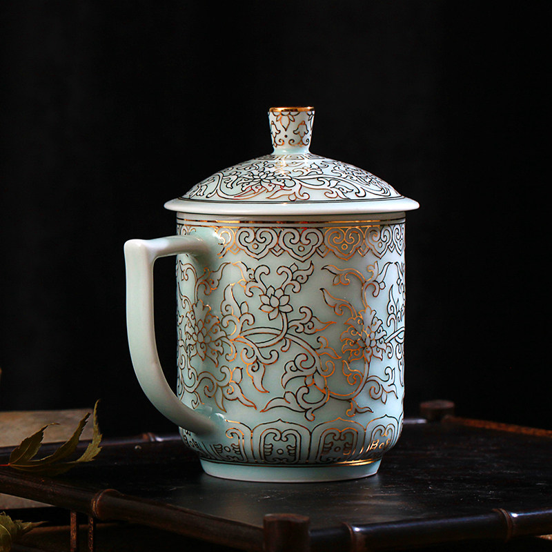 景德镇陶瓷办公室带盖茶杯 影青釉泡茶水杯大茶杯子手工描金杯