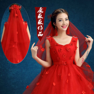 韩式新娘大红头纱婚纱礼服旗袍头纱 花瓣头纱韩式超蓬头纱