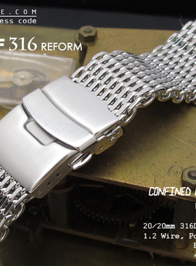 18mm20mm22mm24mm酷鲨系列316L不锈钢1.2mm粗线网织表带