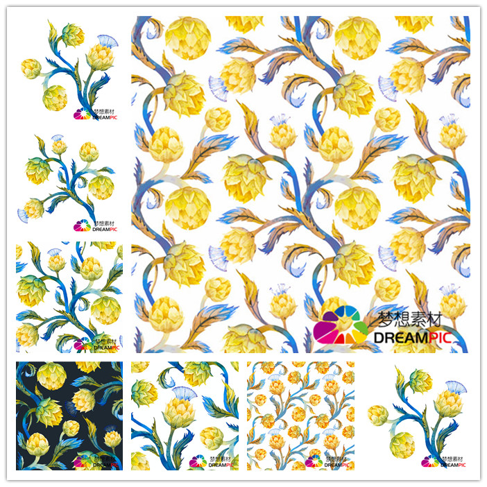 AI矢量设计素材 水彩洋蓟菊科植物插画四方连续纹样