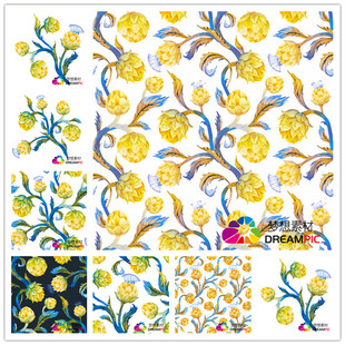 AI矢量设计素材 水彩洋蓟菊科植物插画四方连续纹样