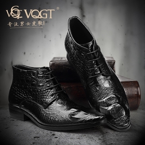 VQGT手工靴子男士高帮皮鞋鳄鱼纹皮靴真皮马丁靴尖头男靴牛皮短靴