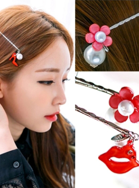 AngelRena韩国进口饰品 嘴唇花朵珍珠高跟鞋发夹边夹刘海夹F5