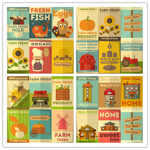 A0695矢量欧美复古食物海报农场扁平化图标房屋建筑 AI设计素材