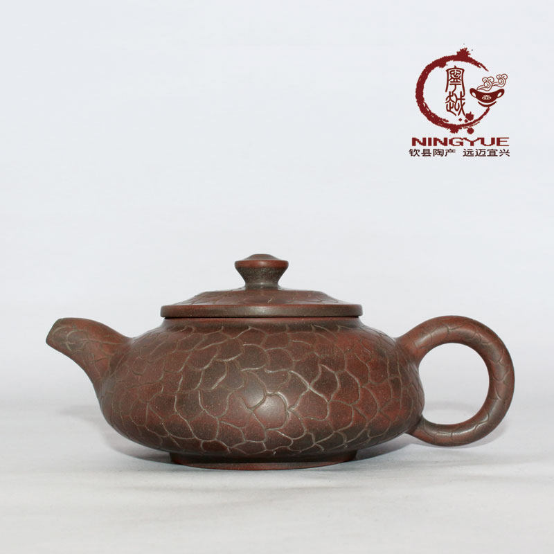 钦州坭兴陶茶具茶壶 新款龟裂纹扁壶 纯手工雕刻