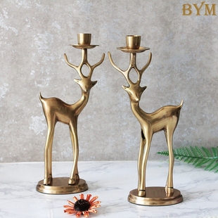 北欧美式 铜小鹿情侣烛台蜡烛台装 饰摆件 印度进口手工黄铜热卖