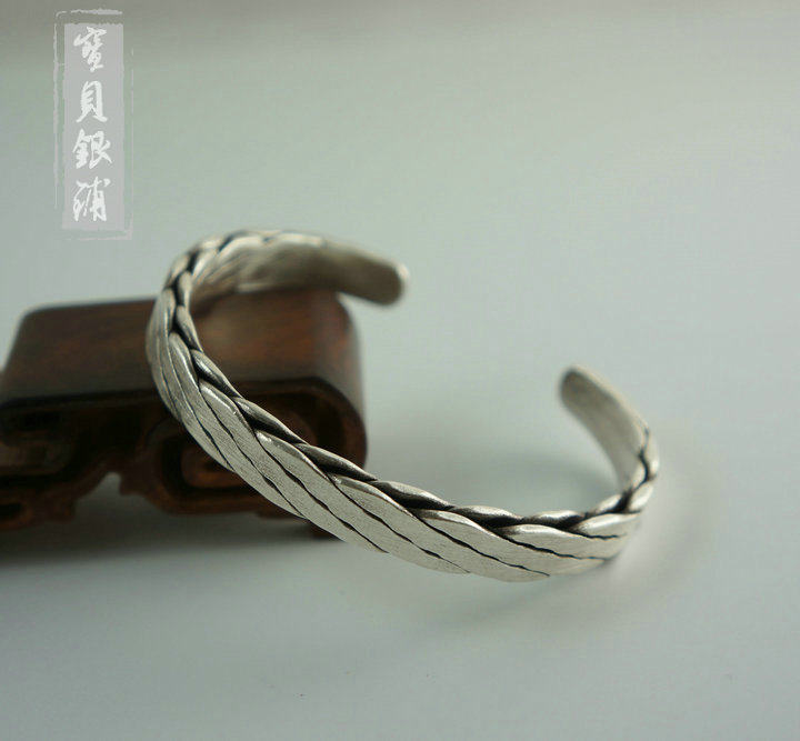 正宗泰国清迈手镯银饰泰银990足银开口亚光编织实心男士女士手镯