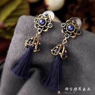 电视剧明星同款复古藏青色流苏丝线耳环韩国百搭珍珠耳坠耳钉耳饰