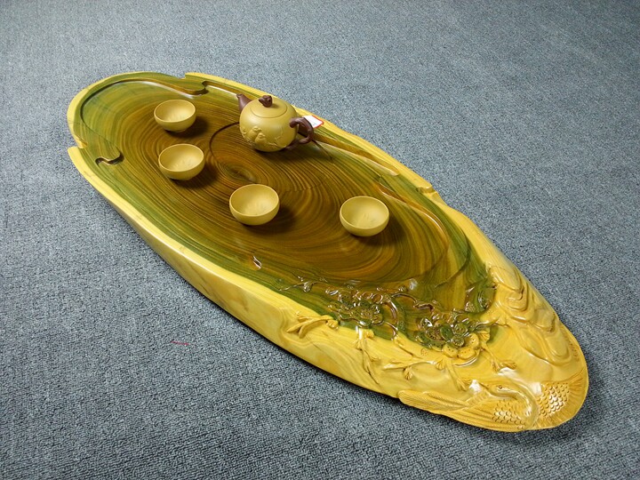 绿檀木茶盘整块实木边雕茶海原木斜切黑檀木绿檀茶盘托盘红木茶具