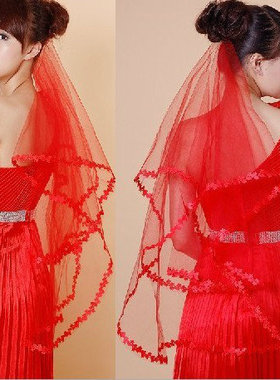 礼服头纱红色 婚纱头纱礼服配件新娘单层小花边Bride Veil
