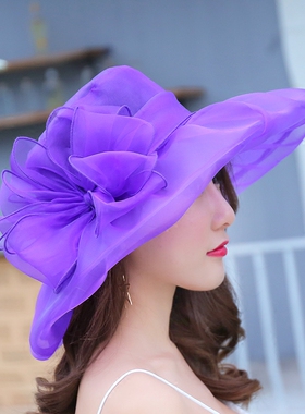 帽子女夏季时尚洋气大檐海边太阳帽红色遮阳帽防晒紫色凉帽沙滩帽
