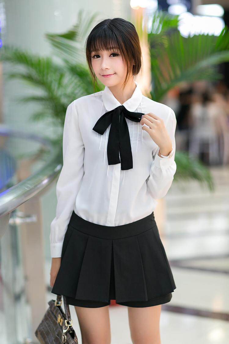 春秋韩版新款白色雪纺衬衫女长袖蝴蝶结娃娃领飘带领结衬衣学院风