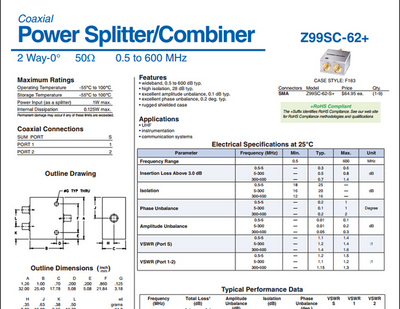 0.5-600MHz一分二功分器 代替 Z99SC-62+ Mini-Circuits