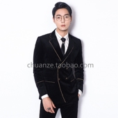 川泽定制英伦黑色丝绒金边修身 双排扣西服两件套婚礼主持礼服套装