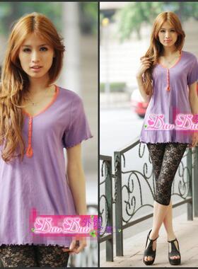 瑕疵处理3641 超值！欧美紫色短袖螺纹纯棉T恤女装t恤大码