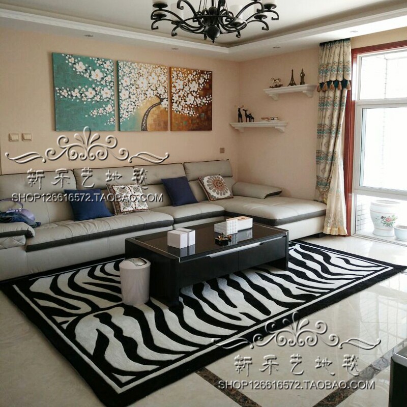 欧式黑白虎皮斑马纹地毯客厅茶几垫沙发卧室床边书房手工腈纶定制