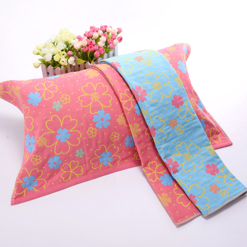 千帛会枕巾三层纱布纯棉 五叶花提花情侣全棉枕巾舒适不掉毛一对