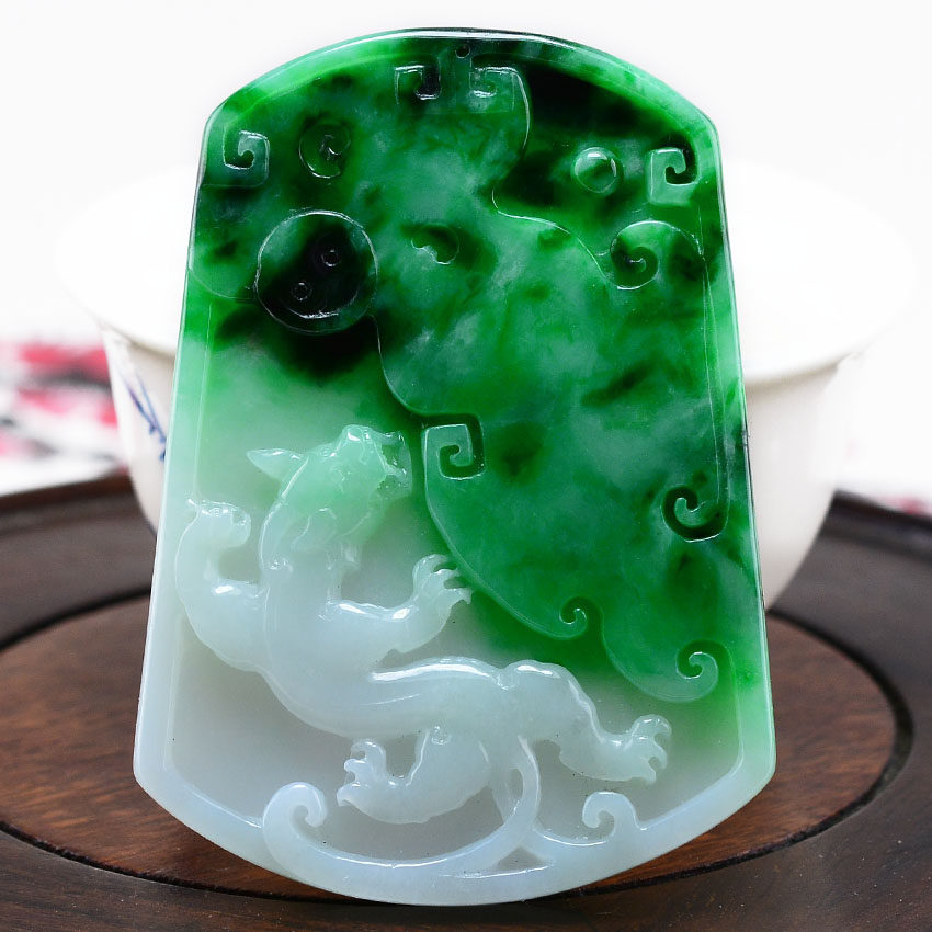 缅甸A货玉器精品收藏 浓艳阳绿招财螭龙如意花件玉石吊坠玉坠5534