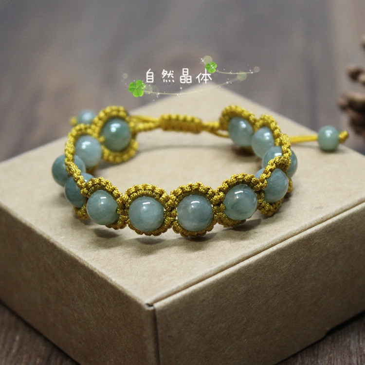 纯手工编花翡翠油青玉珠手链 天然缅甸翡翠珠编织绳手链玉石饰品