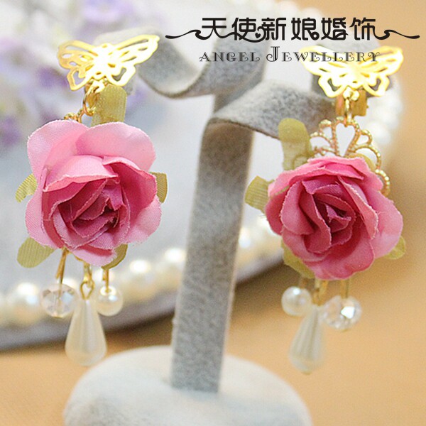 天使新娘婚饰韩国粉色花朵珍珠水晶结婚耳夹耳环婚纱礼服拍照写真在类目 饰品/流行首饰/时尚饰品新, 耳饰, 耳夹中 - 来自Buy2taobao.com提供专业的淘宝代购服务
