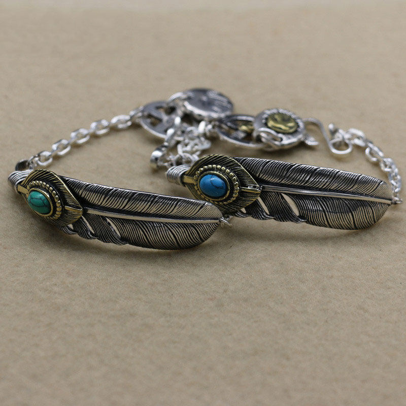 情侣做旧时尚首饰品泰银手链 日韩版925纯银羽毛 松石尼泊尔手链