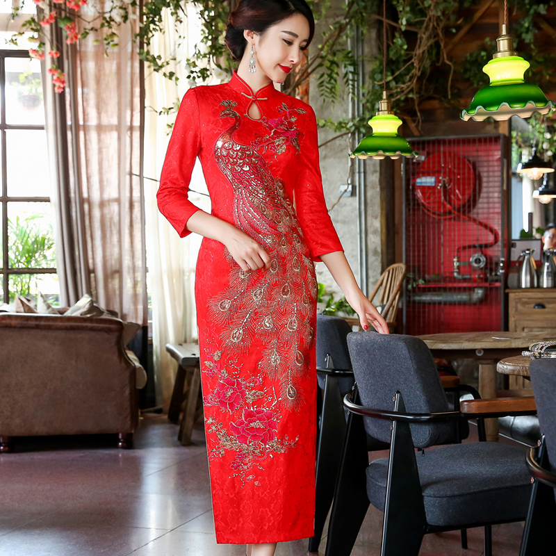 秀禾服新娘礼服嫁衣长袖红色旗袍 刺绣凤凰中长款修色结婚敬酒服