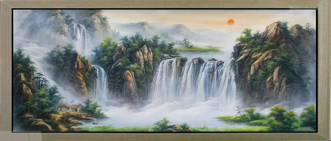 纯手绘瀑布油画山水风景【旭日东升】流水生财刀画客厅办公室挂画